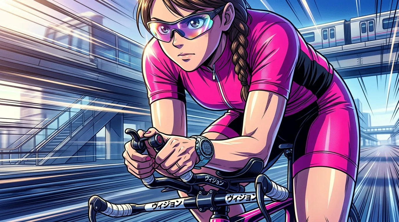Jeune femme à vélo en tenue rose futuriste, lunettes holographiques