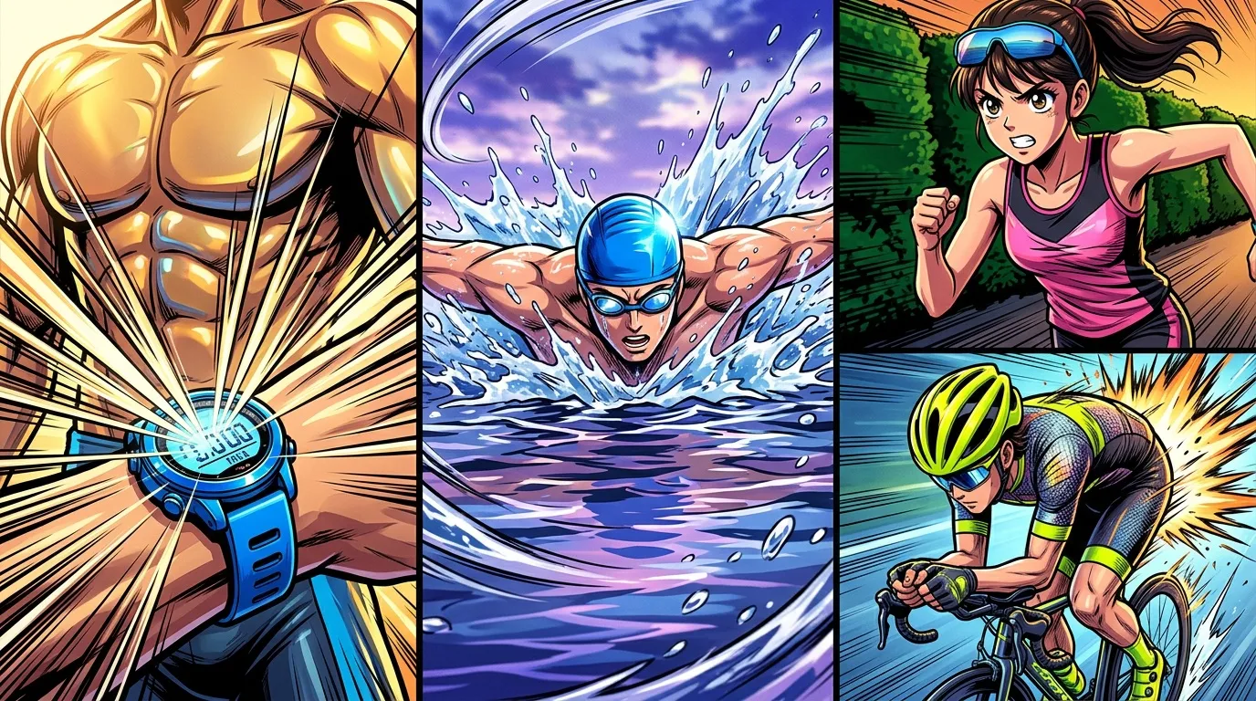 Illustration de trois sportifs aux super-pouvoirs: force, eau, cyclisme
