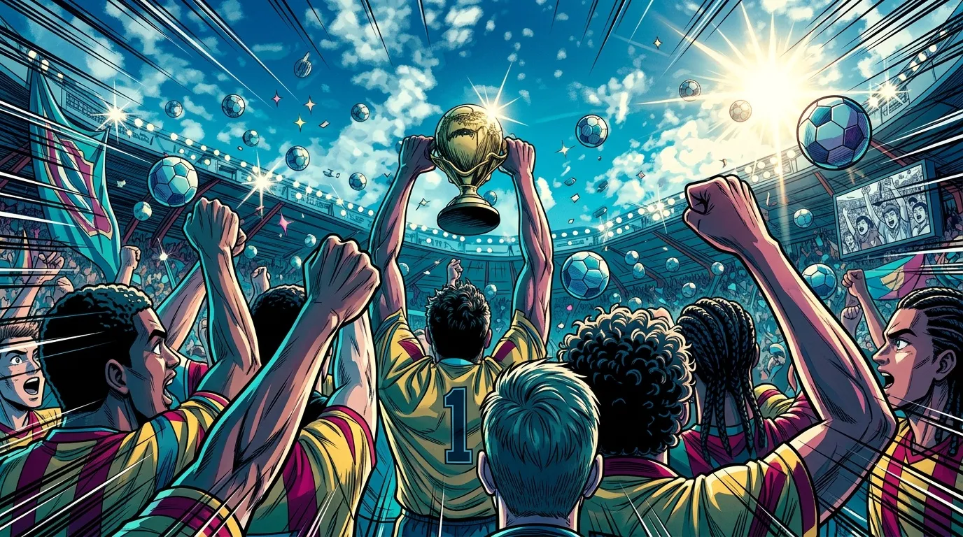 Équipe de football célébrant la victoire avec le trophée en stade